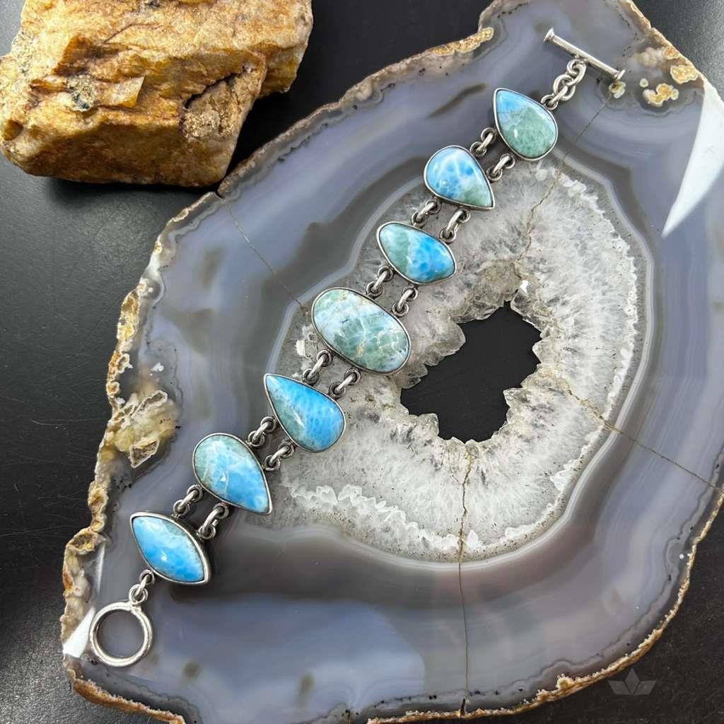 Sterling Silver Multi Shape Larimar Toggle Clasp Fashion Link Bracelet For Women