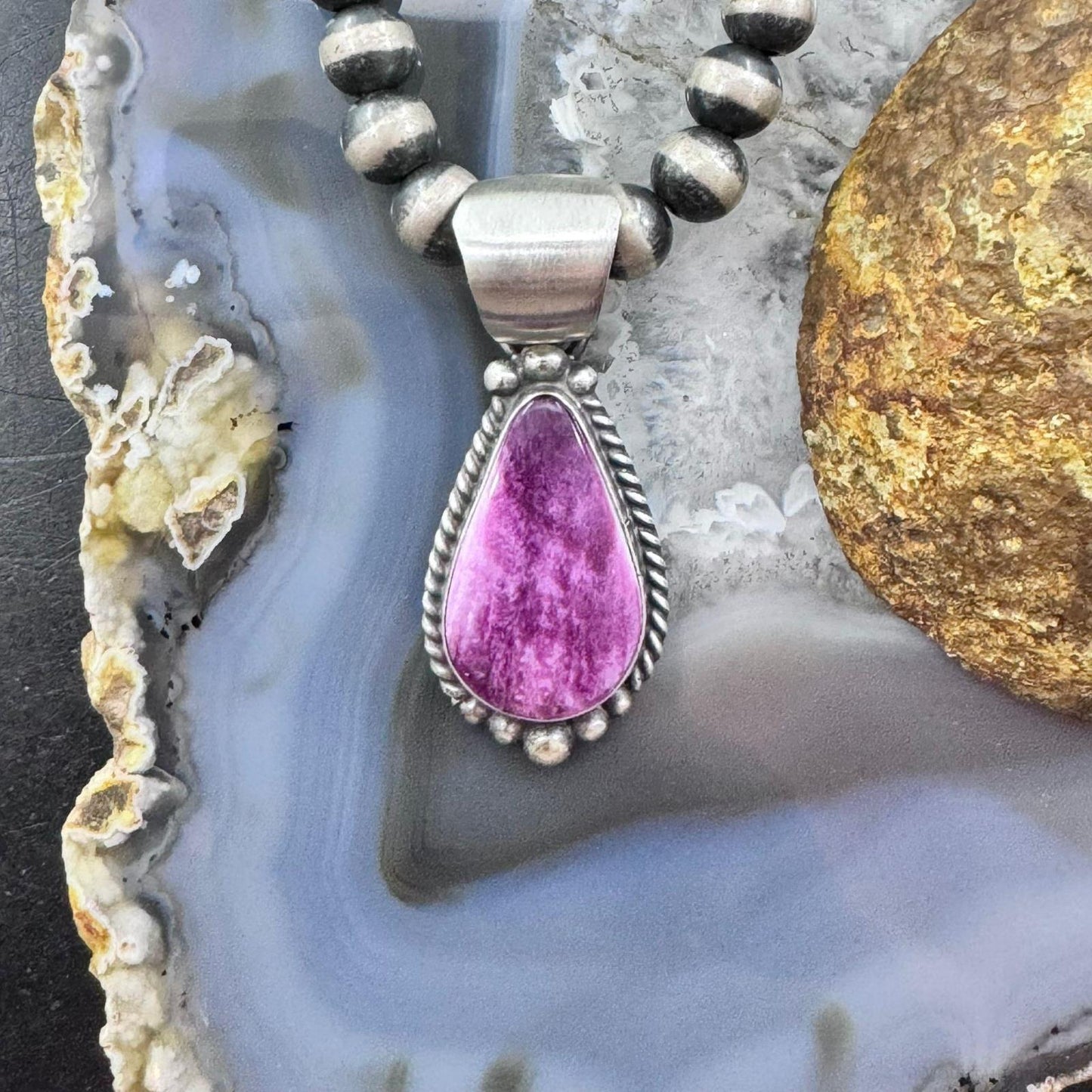 Robert Shakey Sterling Silver Teardrop Purple Spiny Oyster Pendant For Women