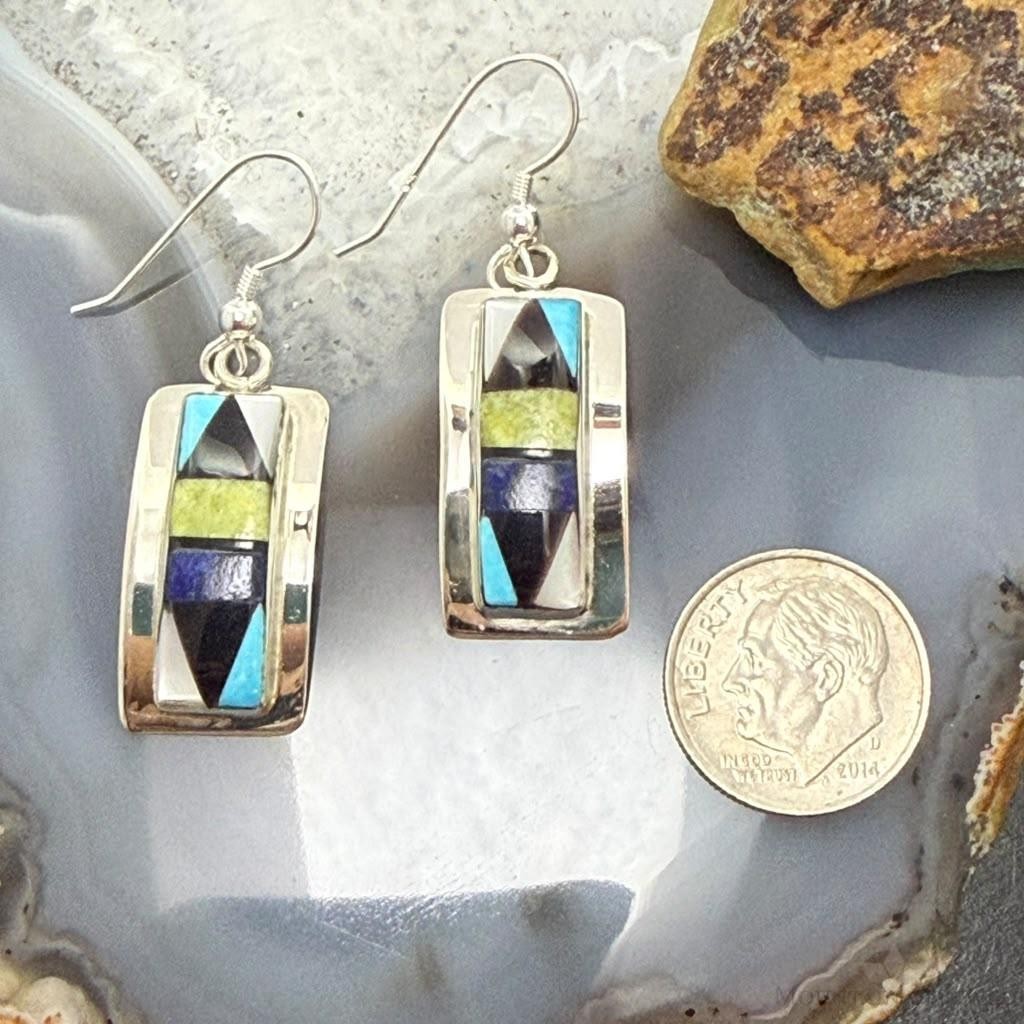 Sheryl Edaakie Zuni Sterling Silver  Multistone Inlay Rectangle Dangle Earrings For Women #2