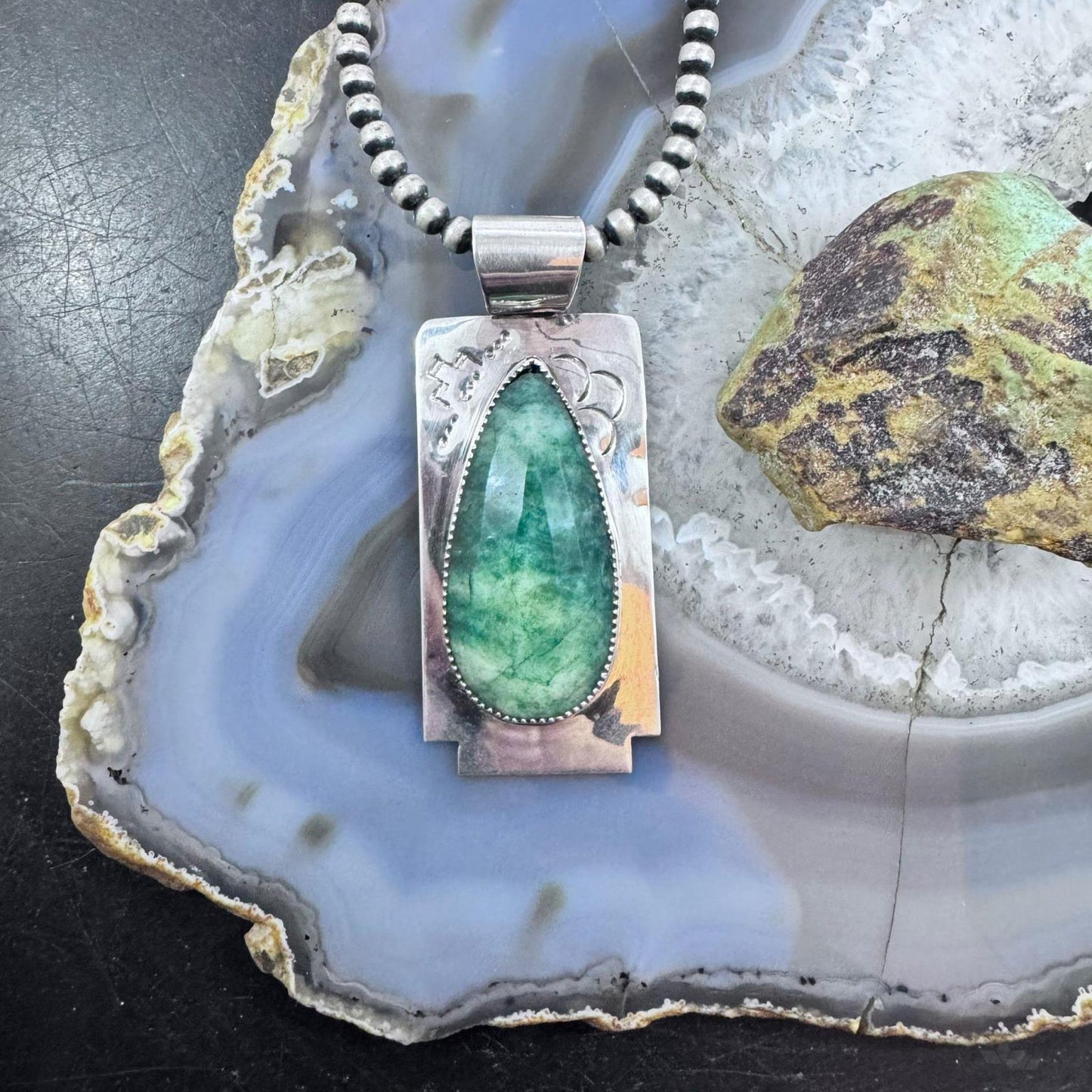 Frank Chavez Native American Sterling Silver Teardrop Faceted Moss Agate Pendant