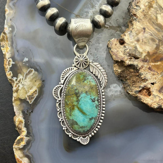 Sterling Silver Southwestern Style Oval Turquoise Decorated Pendant For Woman