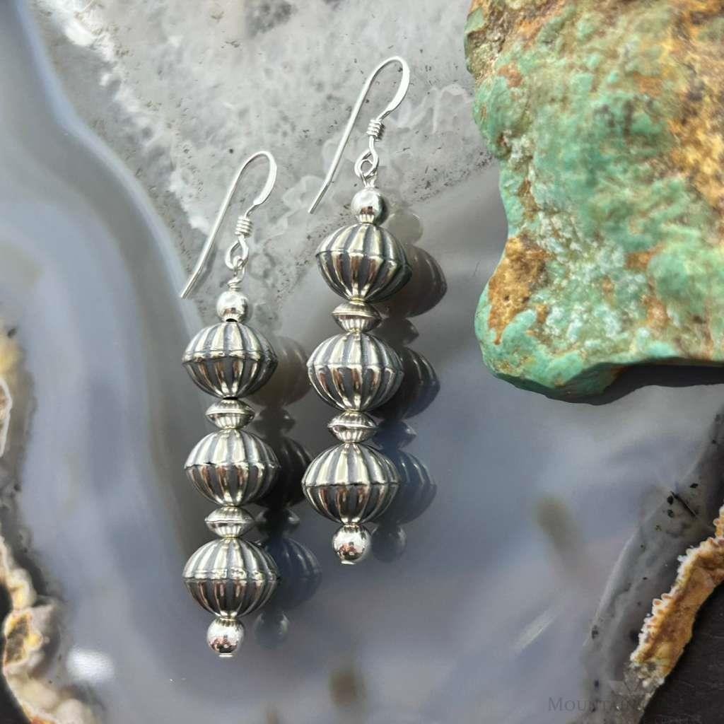 Native American Sterling Silver Grooved Saucer Pearl Beads Dangle Earrings For Earrings