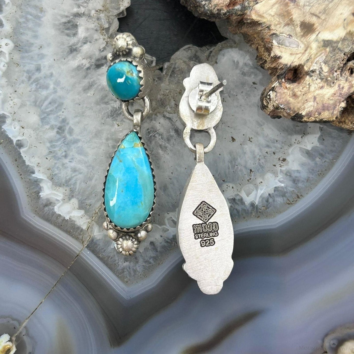 Sterling Silver Southwestern Style Teardrop & Rounded Turquoise Post Dangle Earrings For Women