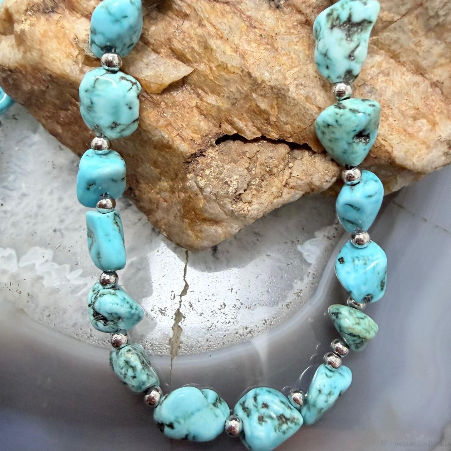 Sterling Silver Southwestern Style Natural Turquoise w/Silver Beads Necklace For Women