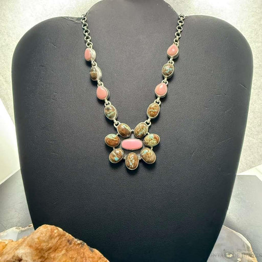 Sterling Silver Southwestern Style Turquoise &Pink Conch Cluster 21" Necklace For Women