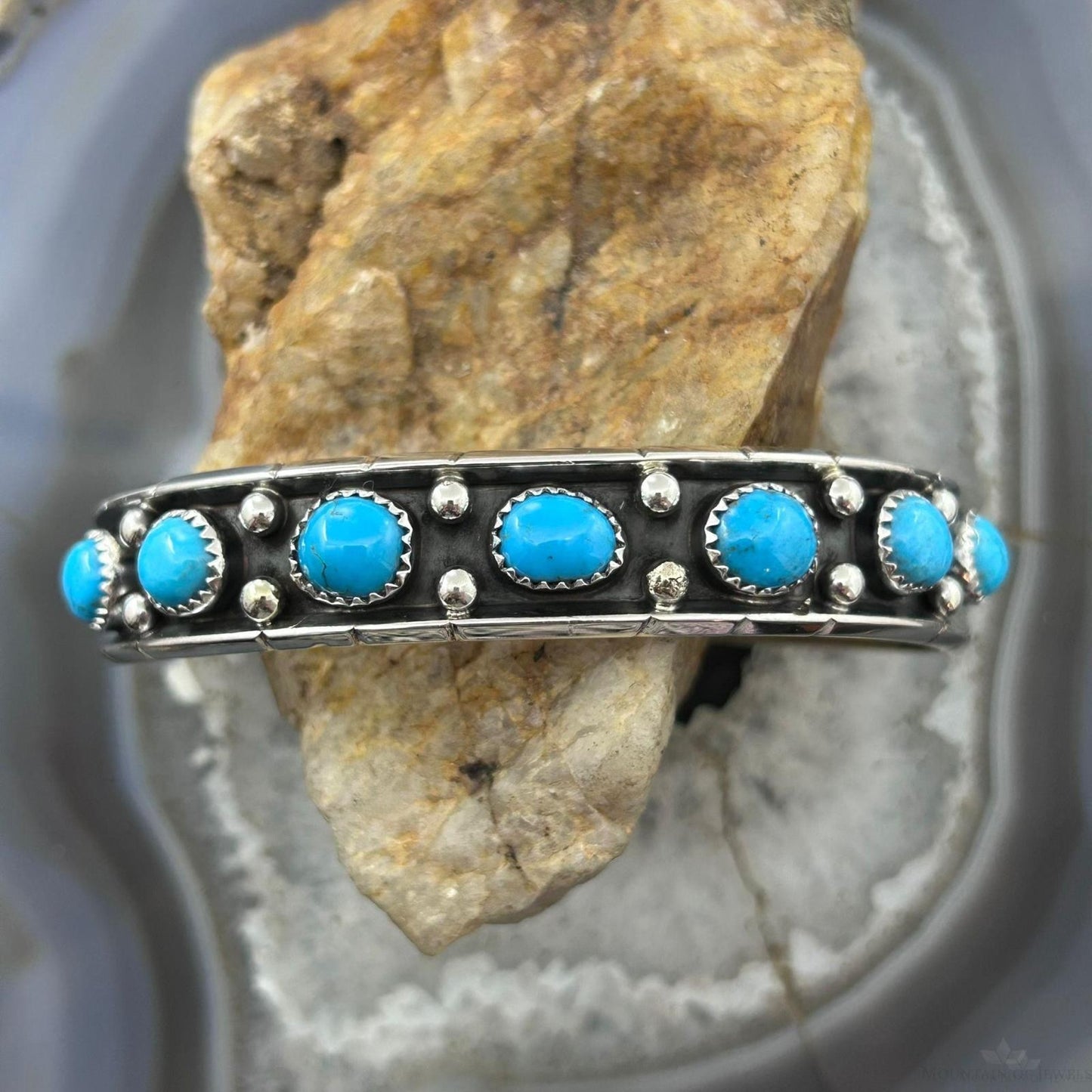Reed Charley Native Americn Sterling Silver Turquoise Decorated Row Bracelet For Women
