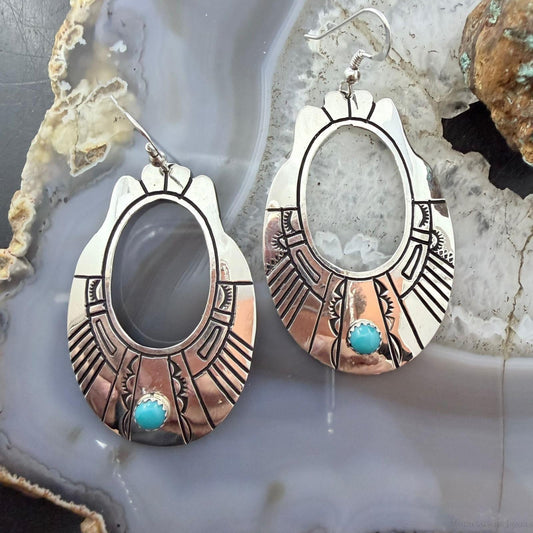 Tommy & Rosita Singer Sterling Silver Dot Turquoise Engraved Dangle Earrings For Women