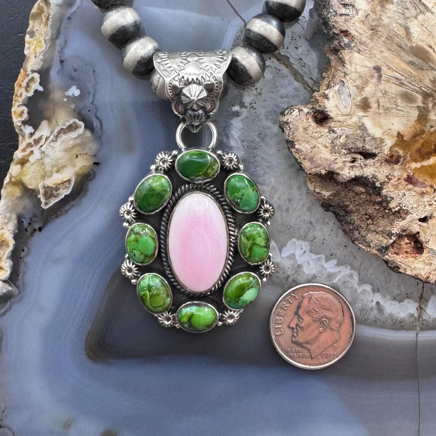 Native American Sterling Silver Sonora Gold Turquoise & Pink Conch Cluster Pendant For Women