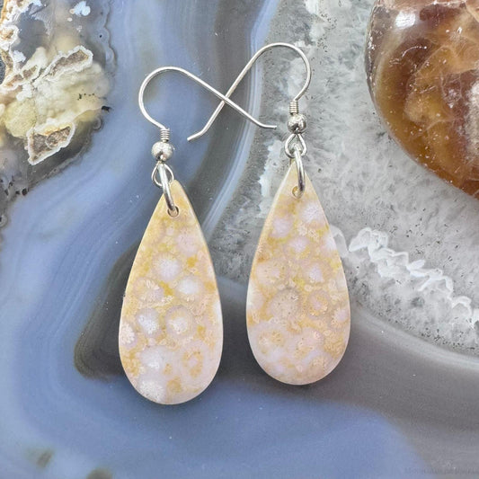 Sterling Silver Teardrop Fossilized Coral Slab Dangle Earrings For Women #129