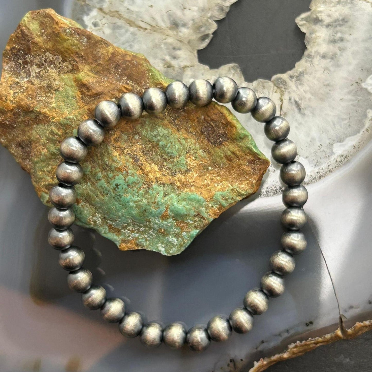 Sterling Silver 6mm Navajo Pearl Beads Stretch Bracelet For Women