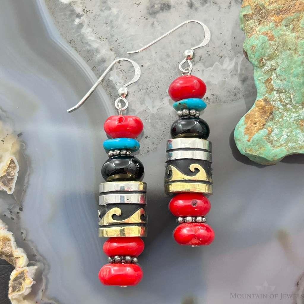 Tommy & Rosita Singer Sterling  Silver Coral, Onyx, Turquoise Bead Dangle Earrings For Women