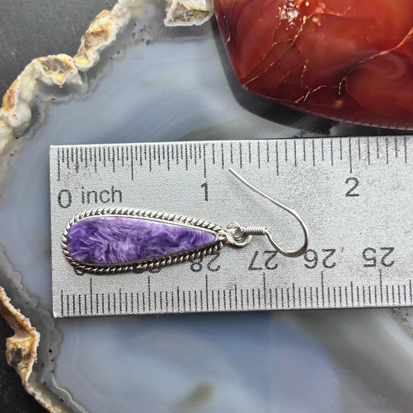 Sterling Silver Southwestern Style Teardrop Charoite Dangle Earrings For Women