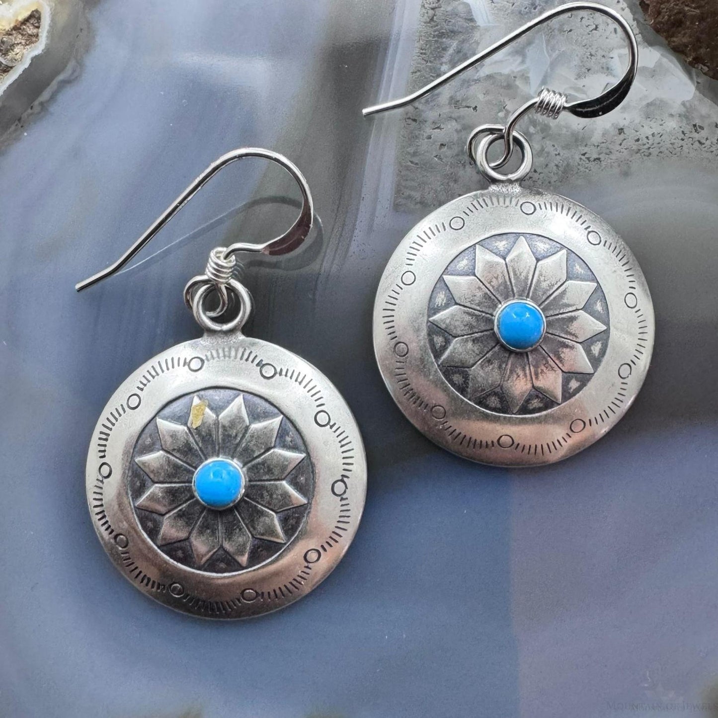 Native American Sterling Silver Turquoise Dot Stamped Concho Dangle Earrings For Women