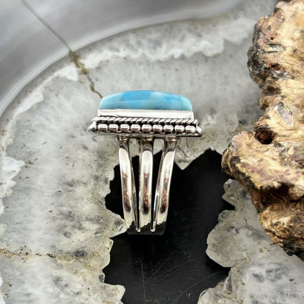 Sterling Silver Southwestern Style Larimar Decorated Bar Ring Size 7.5 For Women