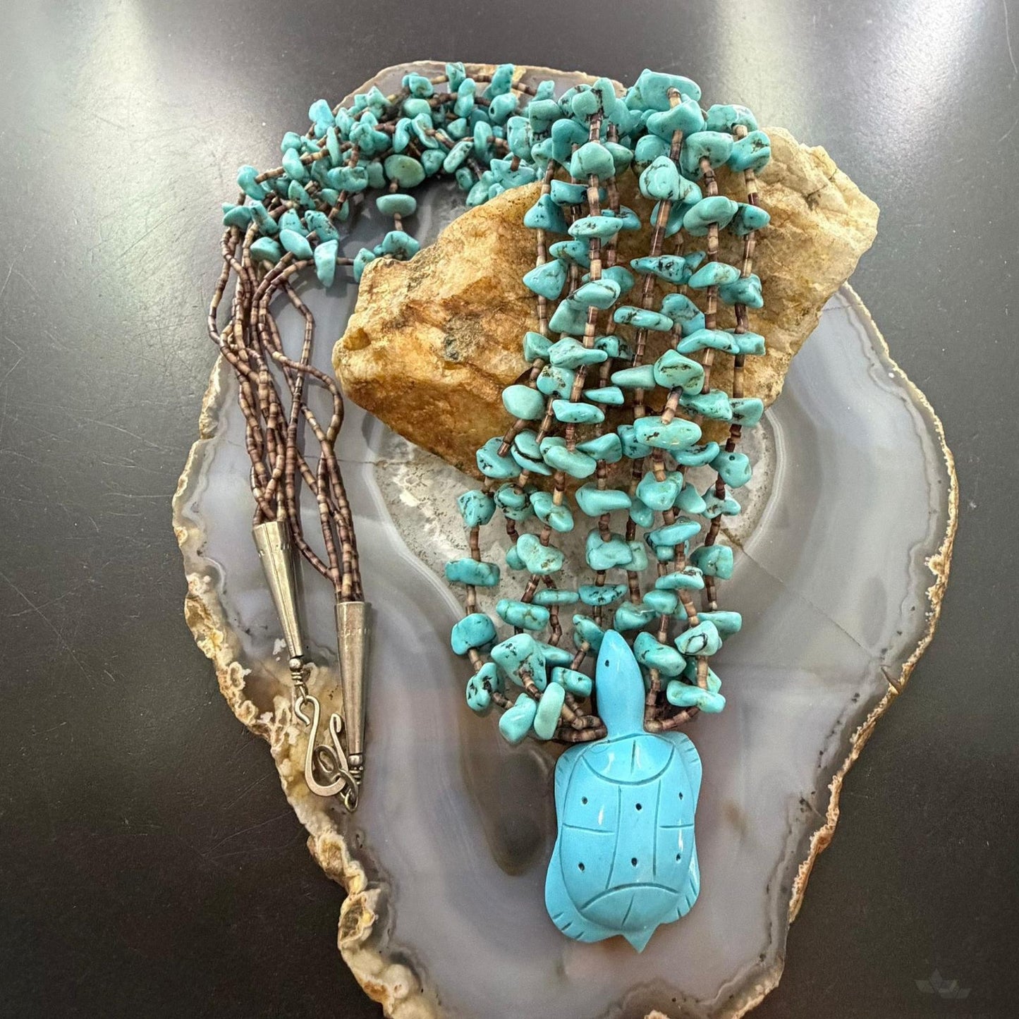 Vintage Native American 4 Starnds Turquoise & Brown Shell Beads w/Curved Turtle Necklace For Women