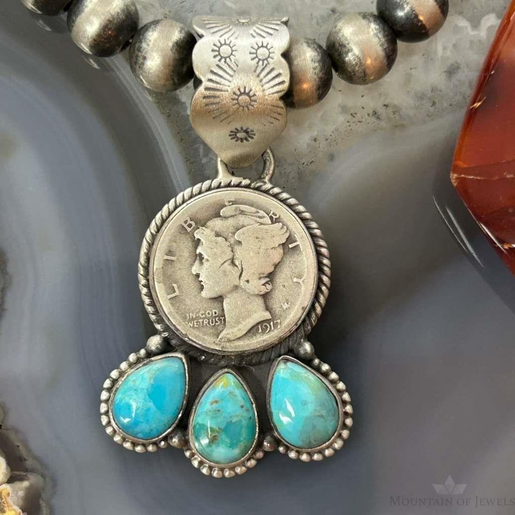 Genuine 1917 90% Silver Mercury Dime Coin w/Teardrop Turquoise Decorated Unisex Pendant