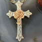 Sterling Silver Hammered Decorated Cross Pendant with Copper Rose For Women