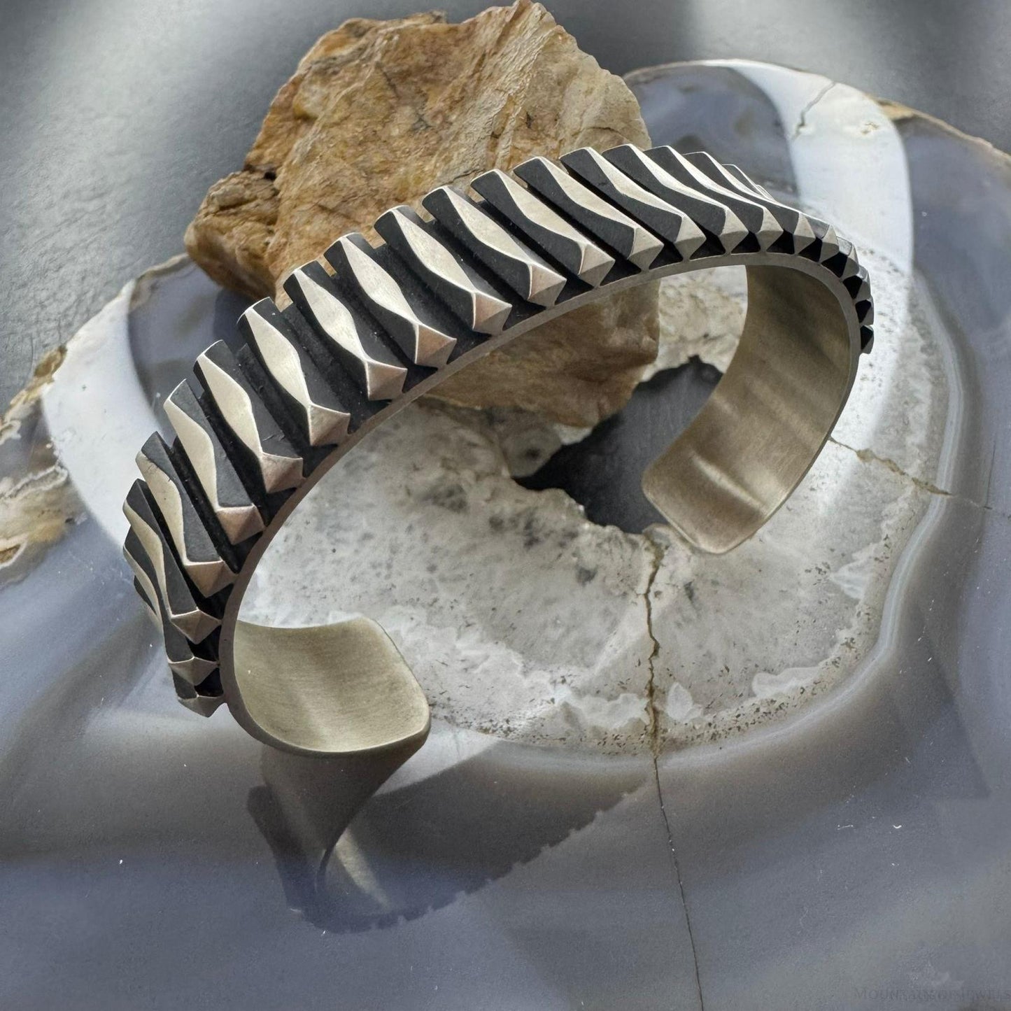 Leander Tahe Native American Sterling Silver Heavy 3D Geometric Bracelet For Men