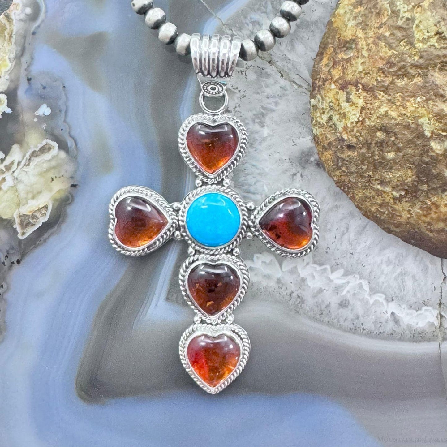 Native American Sterling Silver Turquoise & Amber Cross Pendant For Women