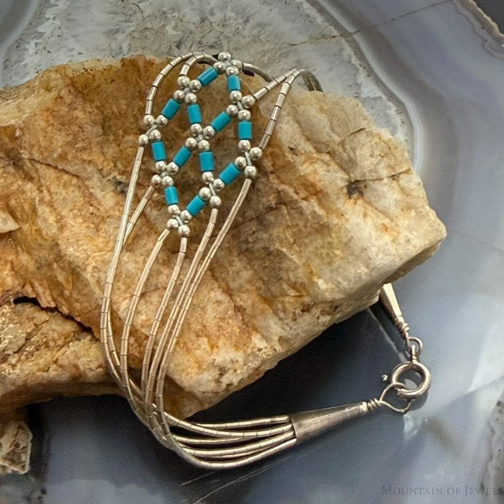 Sterling Silver Liquid Silver & Turquoise Woven Beaded 7" Bracelet For Women