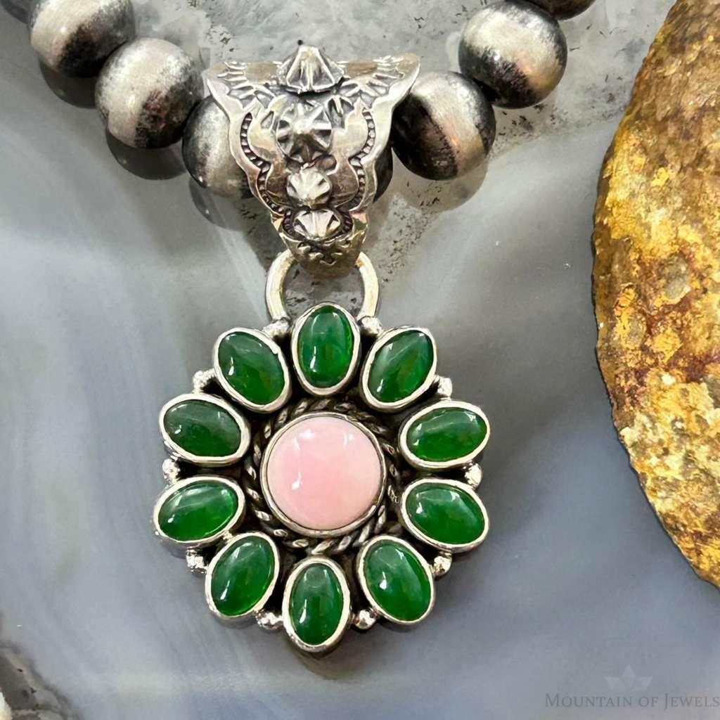 Native American Sterling Silver Pink Conch &Chalcedony Cluster Pendant For Women