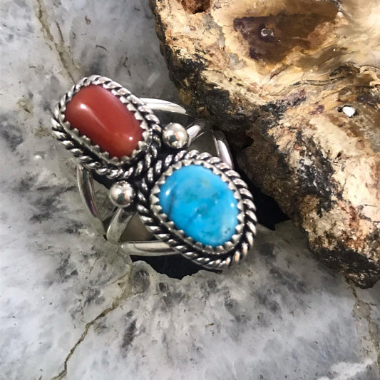 Native American Sterling Silver Coral & Sleeping Beauty Turquoise Ring Size 8 For Women