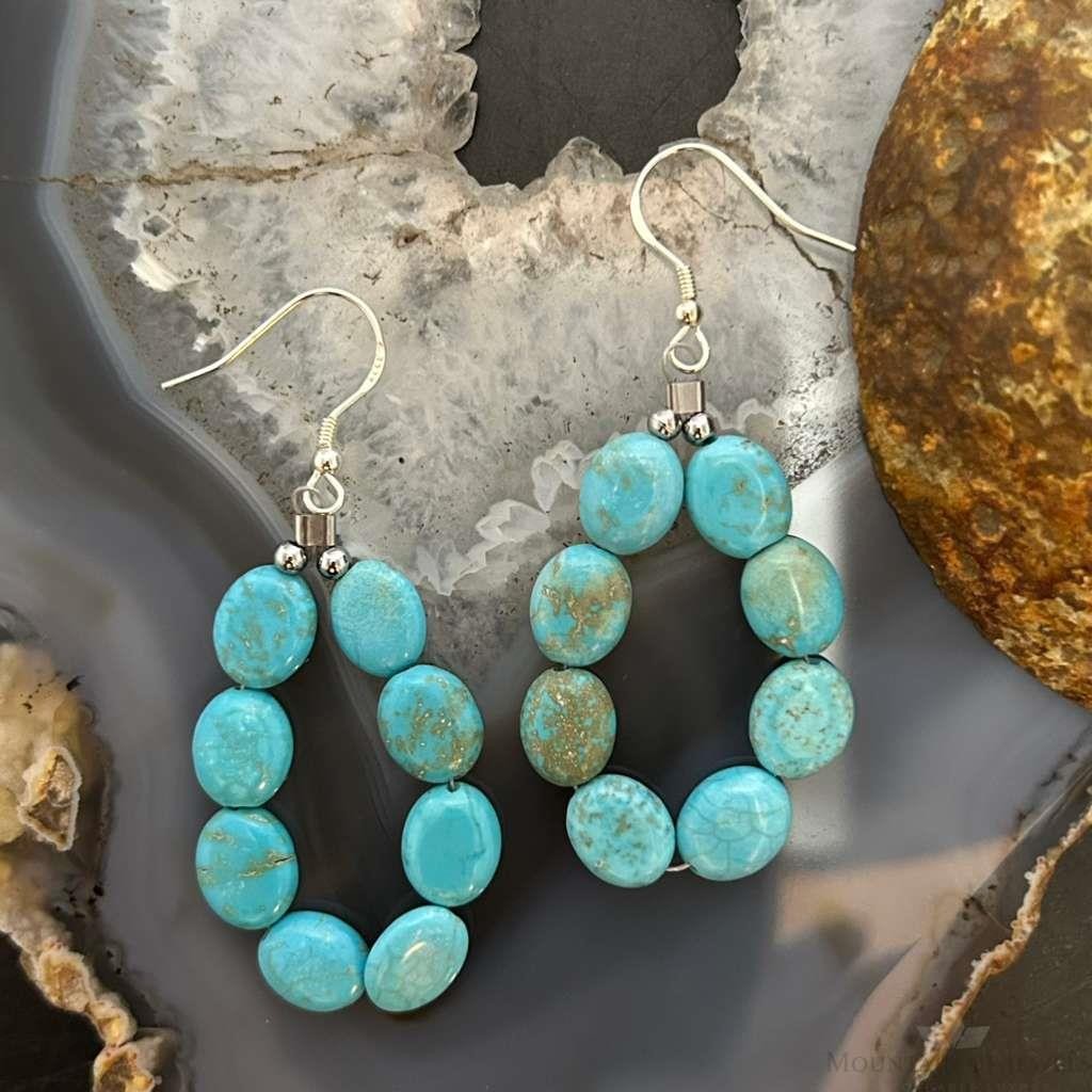 Sterling Silver 8 Oval Turquoise Beads Hoop Dangle Earrings For Women