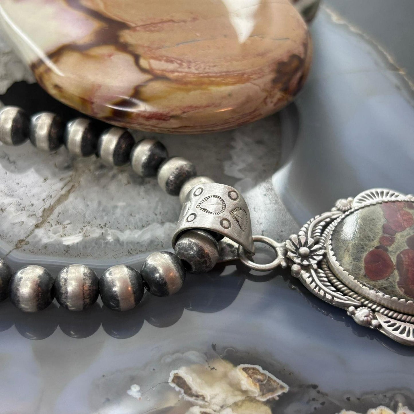 Sterling Silver Southwestern Style Oval Peanut Obsidian Decorated Pendant For Women