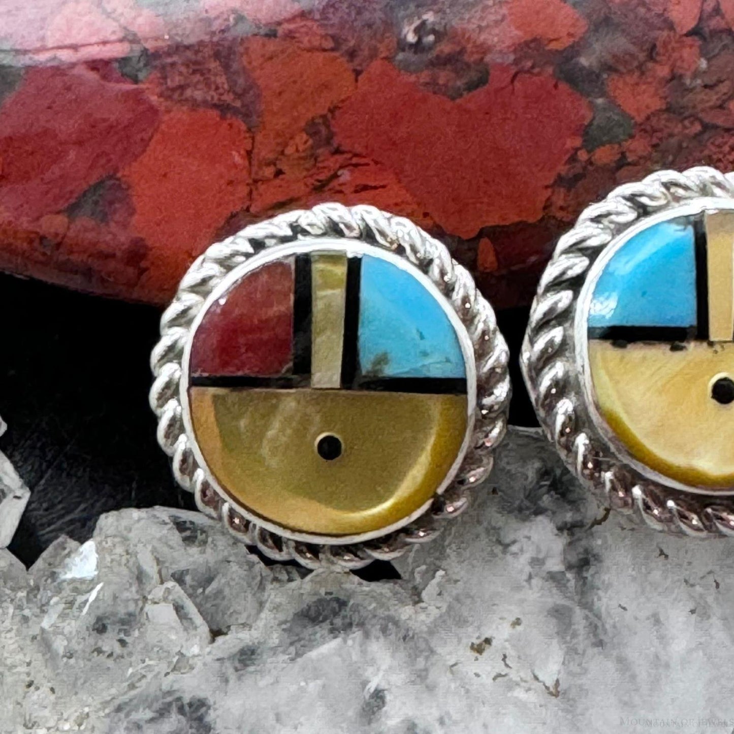 Ola Eriacho Sterling Silver Multistone Inlay Sunface Stud Earrings For Women