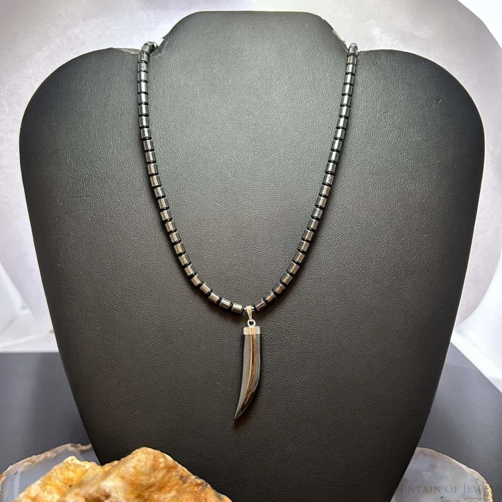 Hematite Beads with Hematite Fang Pendant Unisex 16" Necklace
