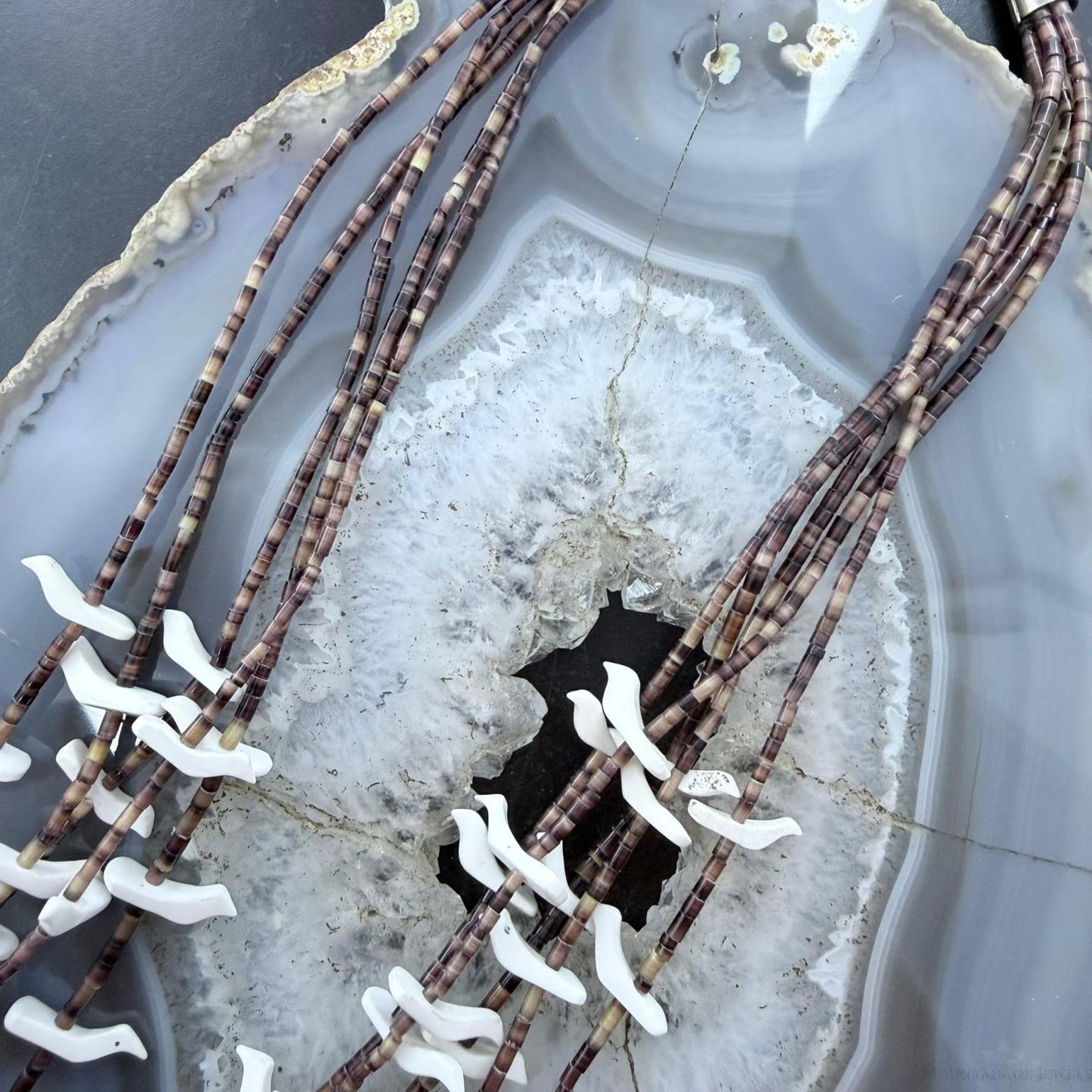 Vintage native American Sterling Silver 5 Strands White Shell Carved Fetish Bird Necklace For Women