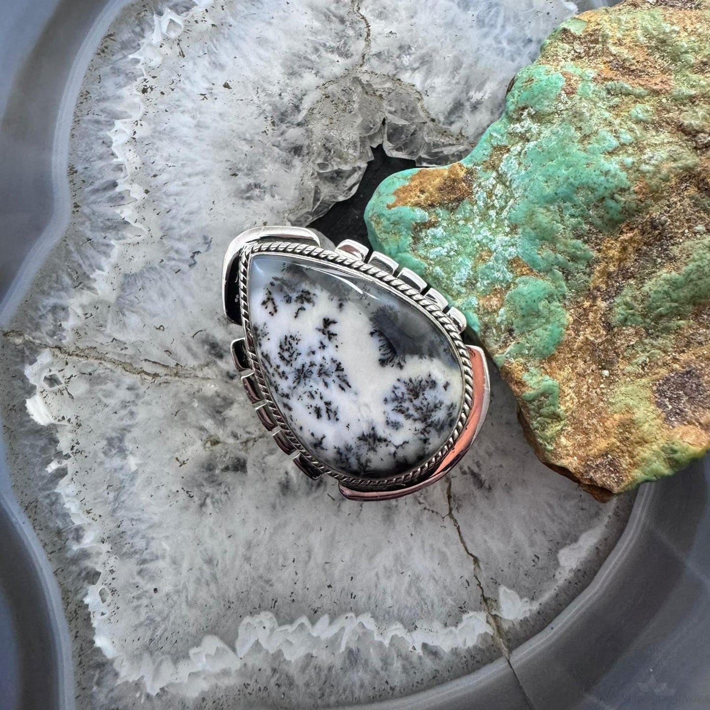 Sterling Silver Southwestern Style Large Teardrop Dendrite Agate Ring Size 8.25 For Women