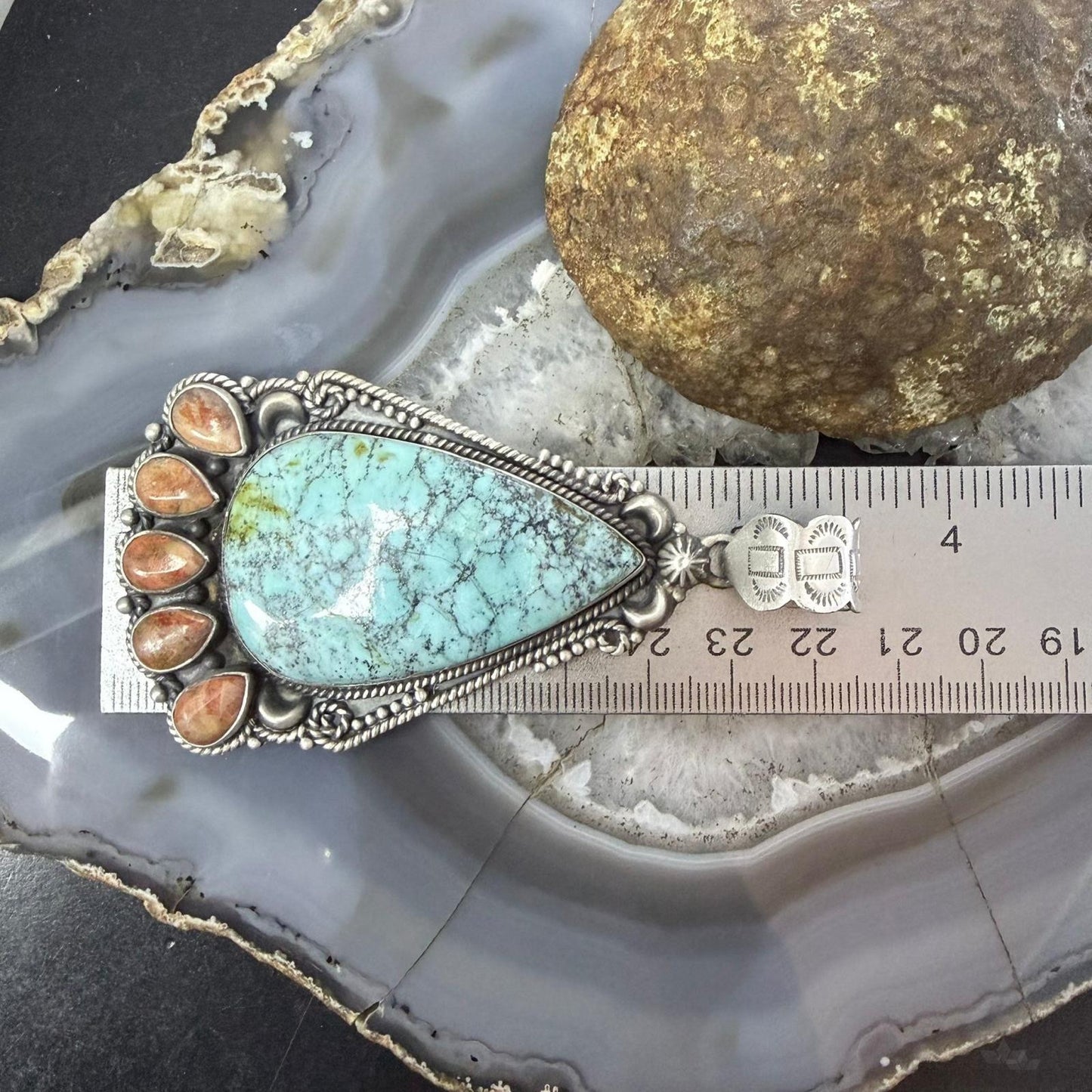 Sterling Silver Southwestern Style Teardrop Turquoise & Spiny Oyster Pendant For Women