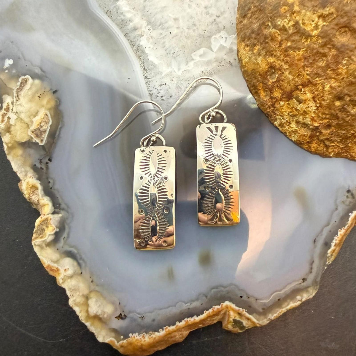Michael Nez Native American Sterling Silver Stamped Curved Dangle Earrings For Women