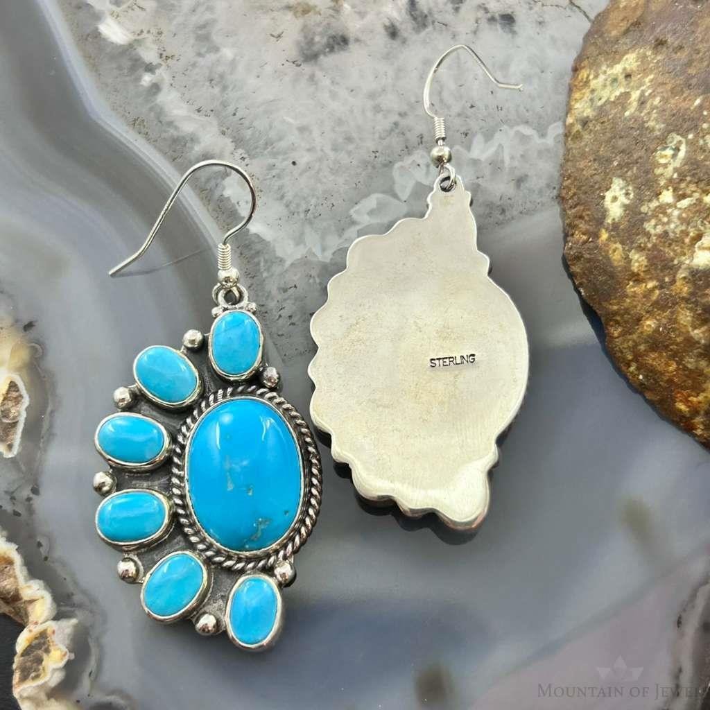 Native American Sterling Silver Turquoise Cluster Dangle Earrings For Women
