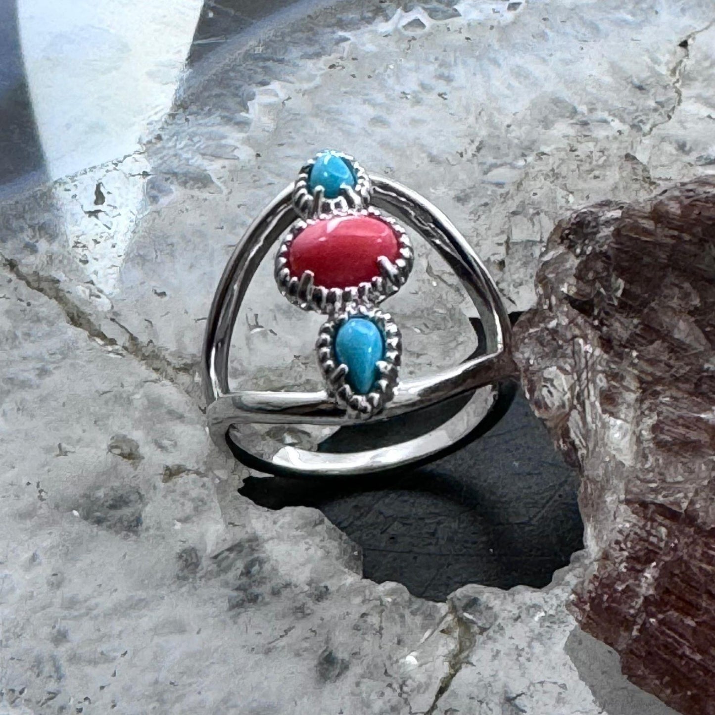 Carolyn Pollack Sterling Silver 2 Turquoise & 1 Coral Split Shank Ring For Women