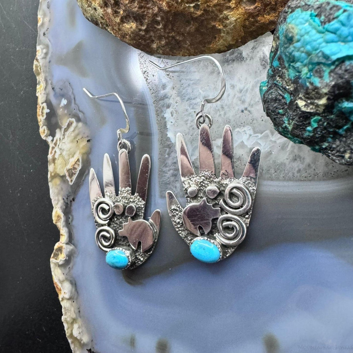 Alex Sanchez Sterling Silver Ancestors Hand Petroglyph W/Turquoise Dangle Earrings For Women #2