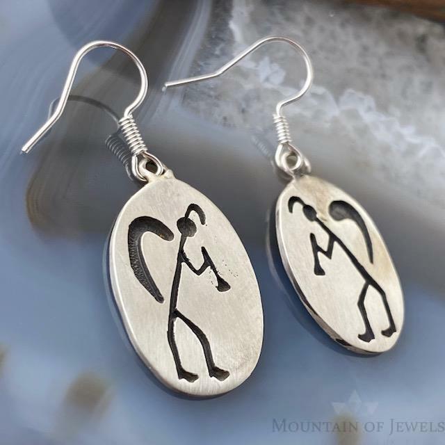Native American Silver Oval Kokopelli Illustration Dangle Earrings