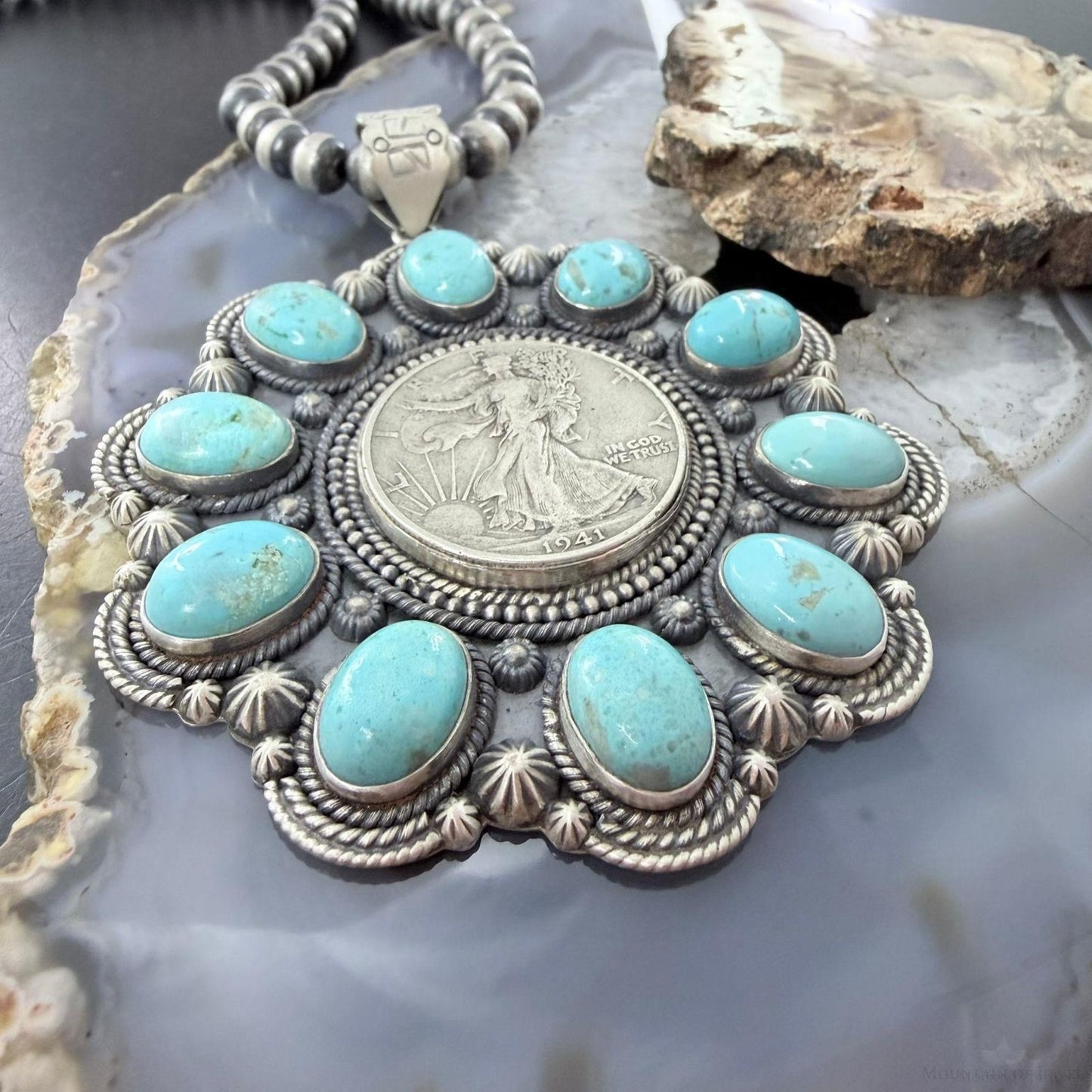 Genuine 1941 90% Silver Walking Liberty Half Dollar Coin w/Turquoise Unisex Pendant