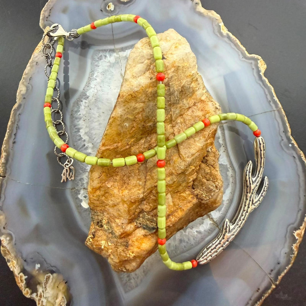 Carolyn Pollack Sterling Silver Cactus Pendant on Gaspeite 14"-17" Necklace For Women