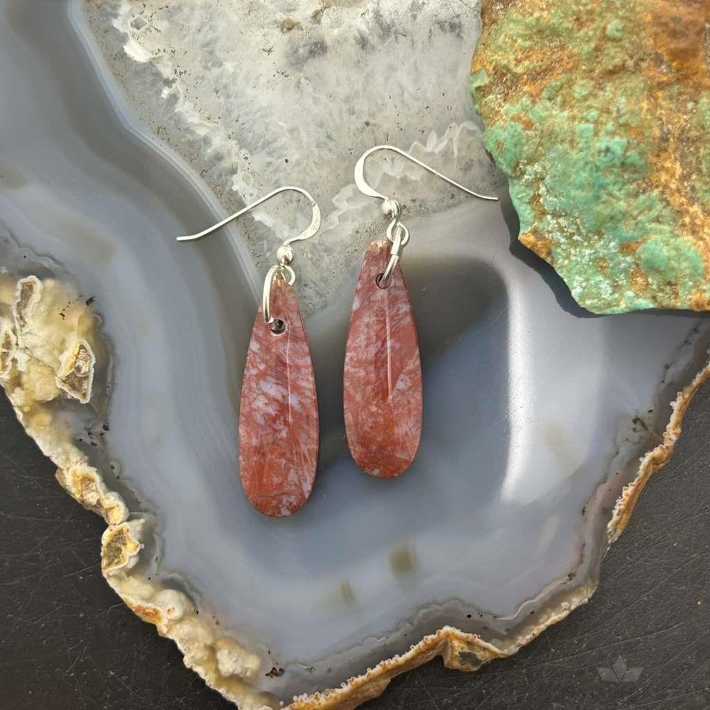 Sterling Silver Teardrop Plum Moss Agate Slab Dangle Earrings For Women #534