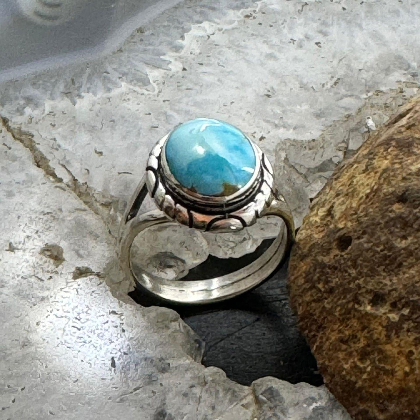 Native American Sterling Silver Oval Blue Ridge Turquoise Ring Size 5 For Women