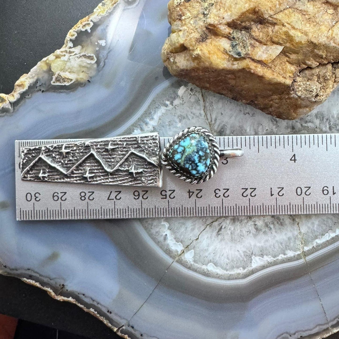 Cheyenne Custer Navajo Native American Sterling Silver & Turquoise Maiden Tufa Cast Unisex Pendant