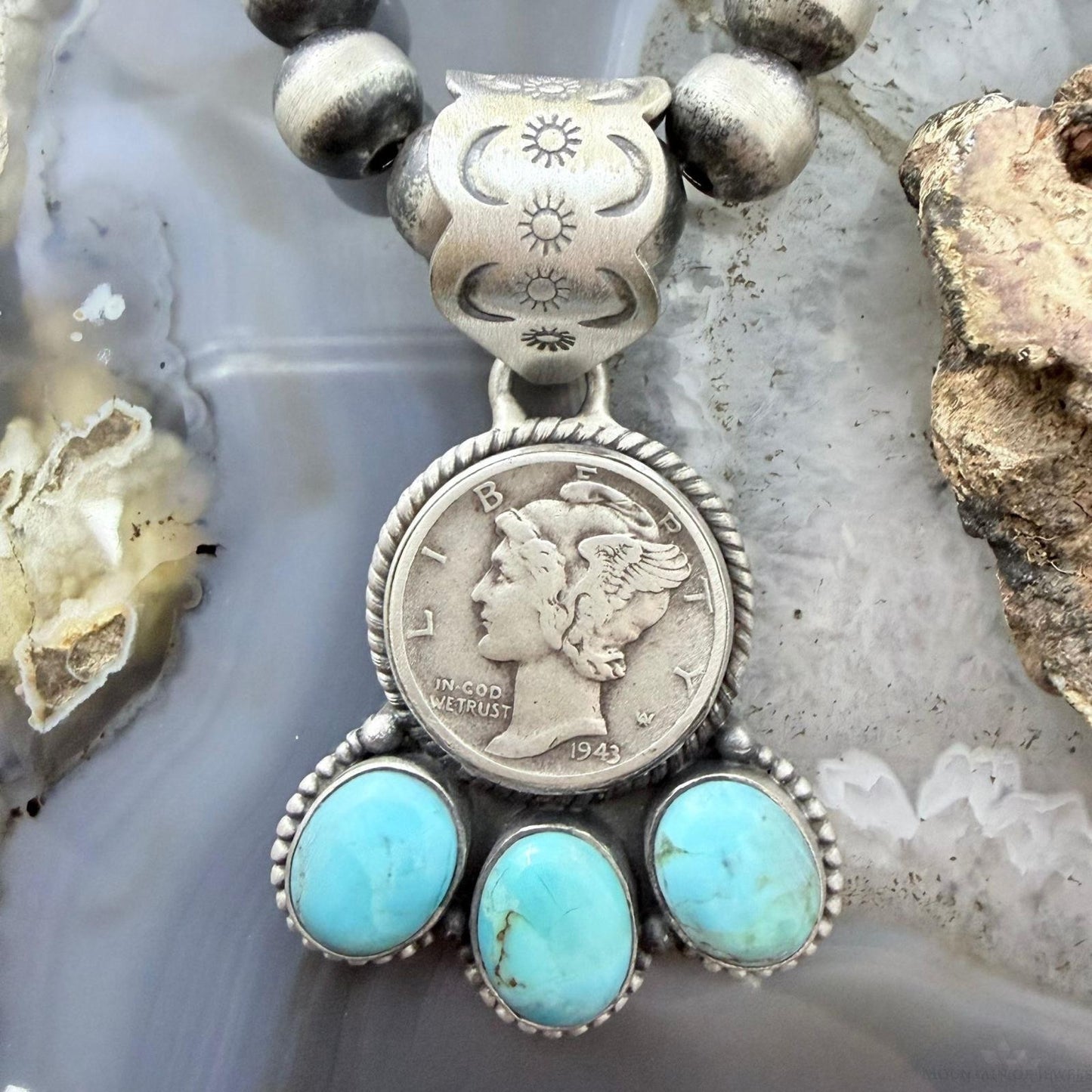 Genuine 1943 90% Silver Mercury Dime Coin w/Teardrop Turquoise Decorated Pendant