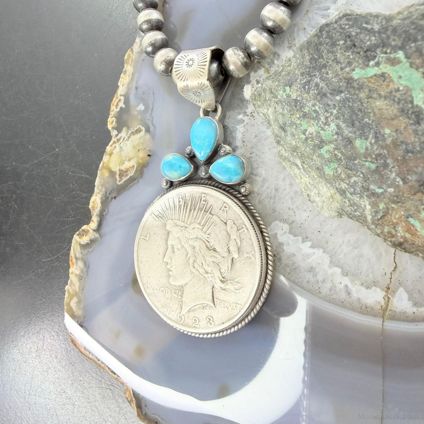 Genuine 1923 90% Peace Silver Dollar Coin Teardrop Turquoise Decorated Pendant