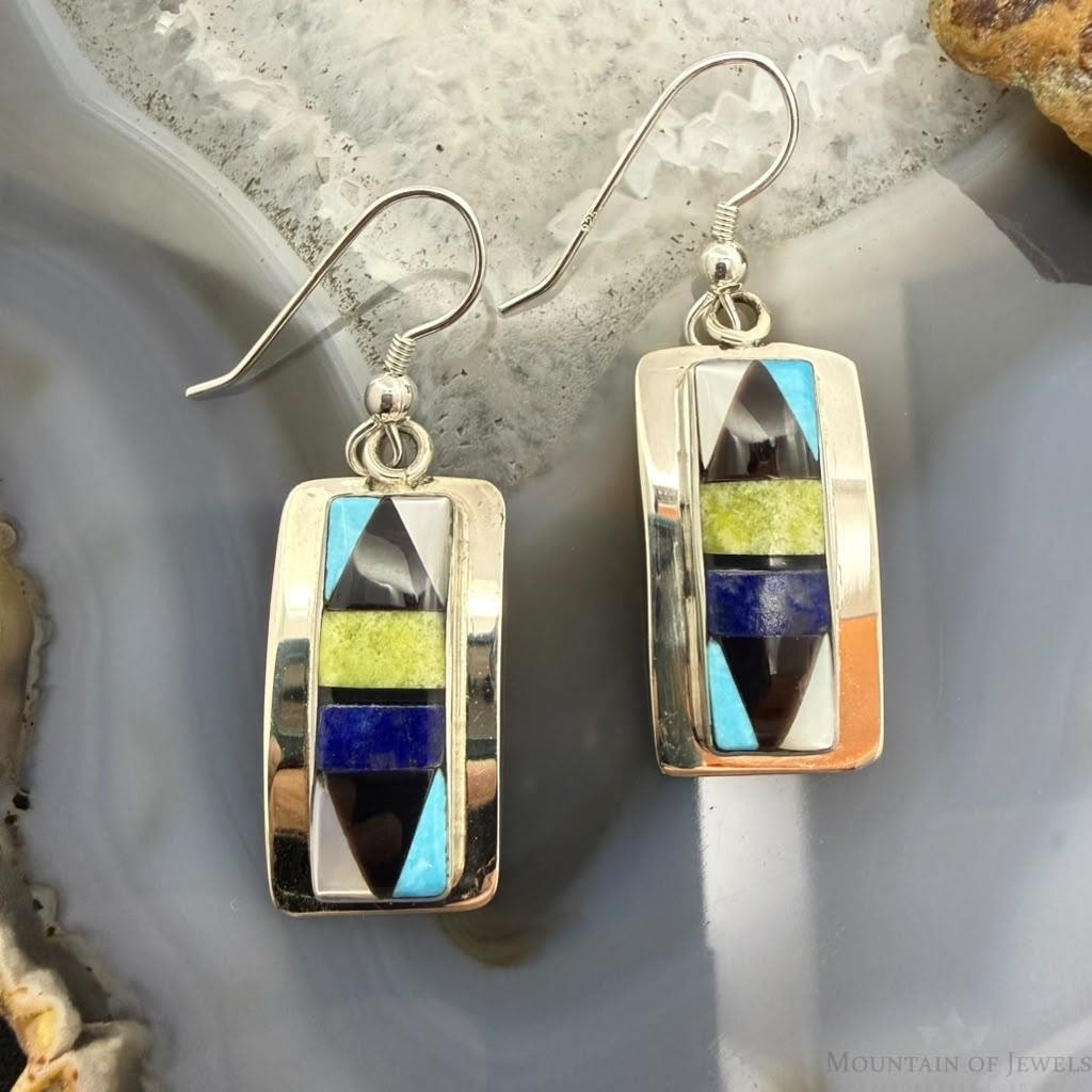 Sheryl Edaakie Zuni Sterling Silver  Multistone Inlay Rectangle Dangle Earrings For Women #2