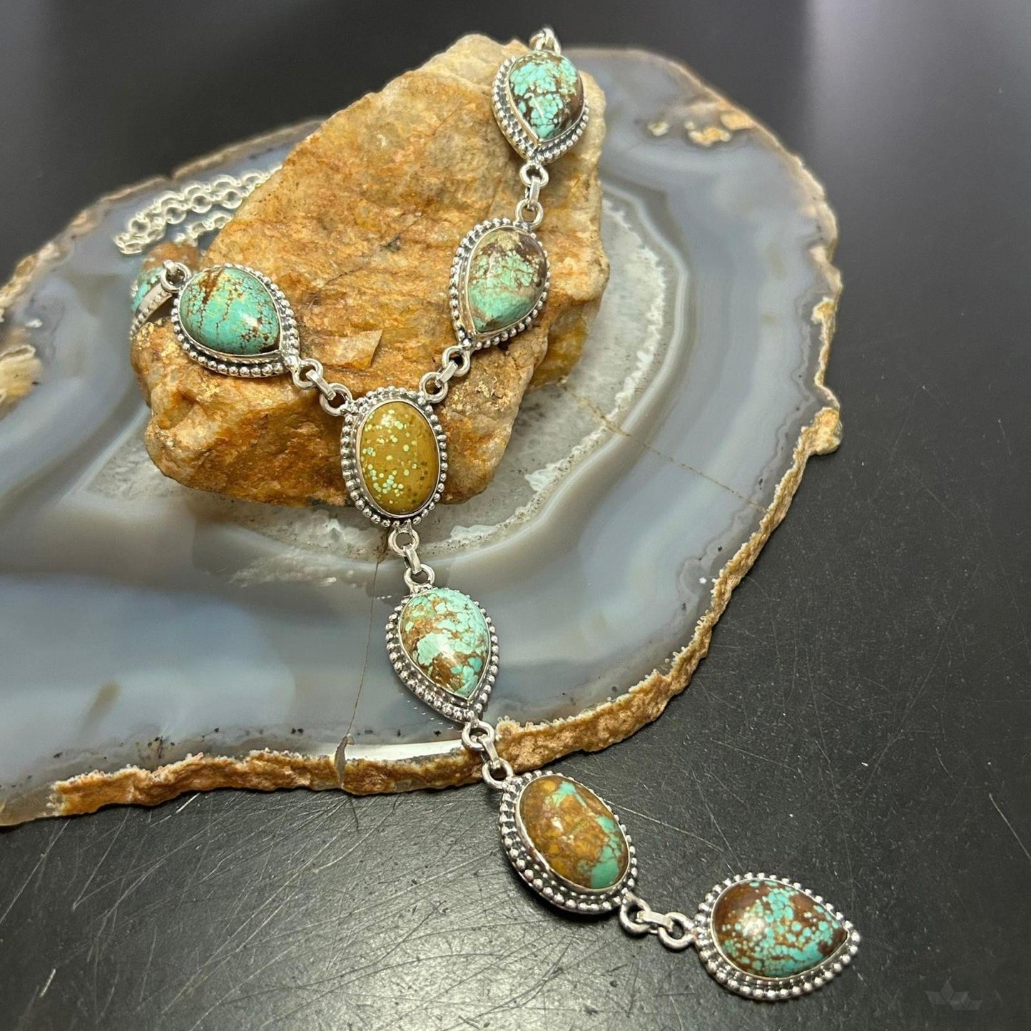 Sterling Silver Southwestern Style Turquoise #8 Cluster Lariat 28" Necklace For Women
