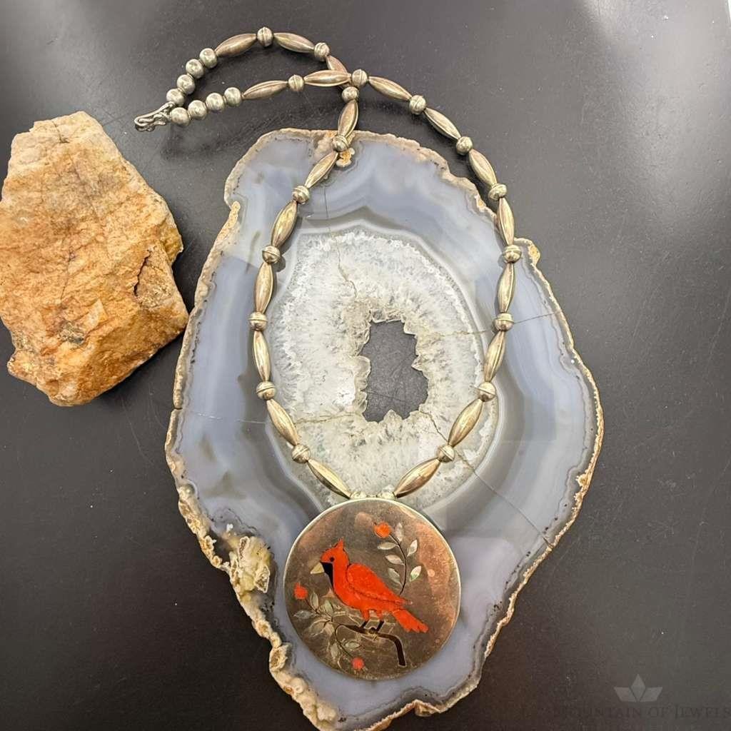 Vintage Native American Silver Zuni Pendant/Brooch Inlay Cardinal Bird Necklace For Women