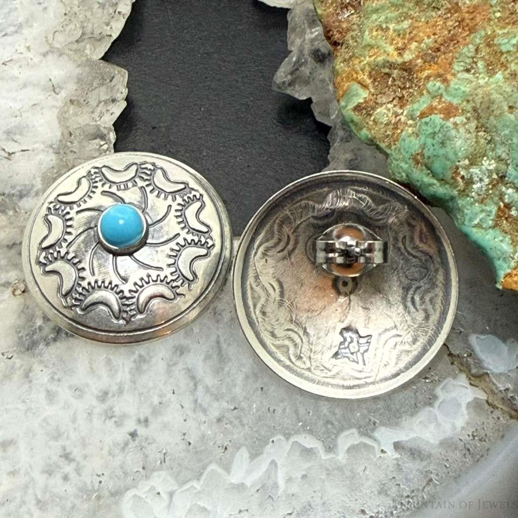 Native American Sterling Silver Stamped Rounded Concho w/Turquoise Stud Earrings For Women