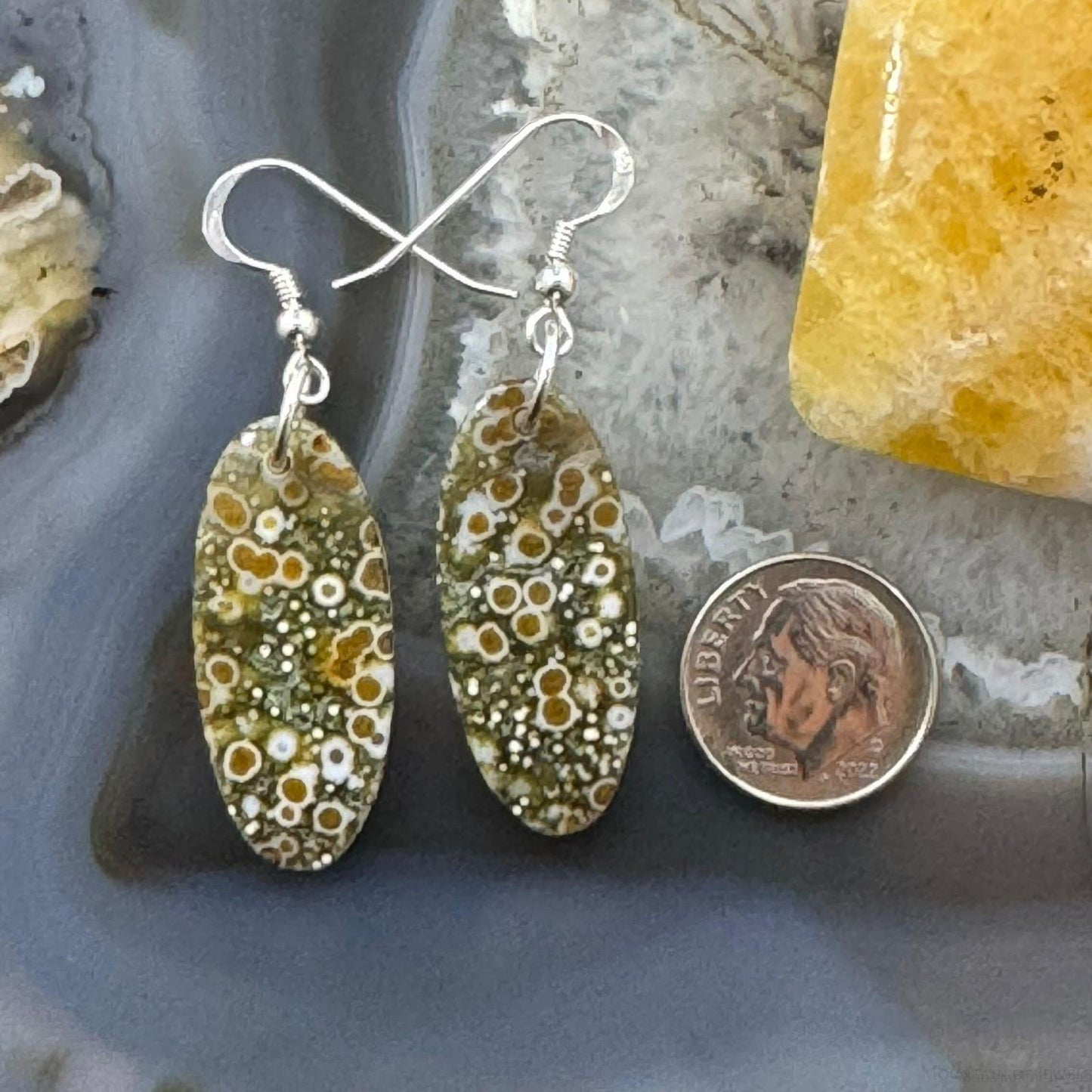 Sterling Silver Oval River Jasper Slab Dangle Earrings For Women #202